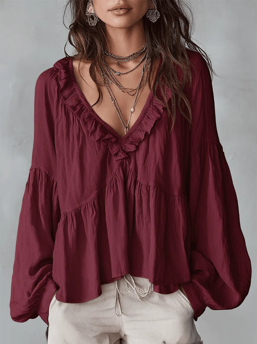 Women's Flowy Top with Ruched Detail and V-Neck Skirt