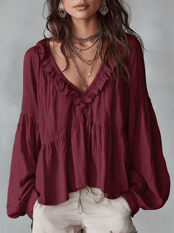 Women's Flowy Top with Ruched Detail and V-Neck Skirt