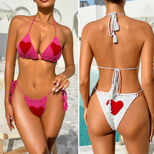 Damen Häkel-Bikini-Set mit Herz-Motiv und anpassbarem Trägersystem Skjora
