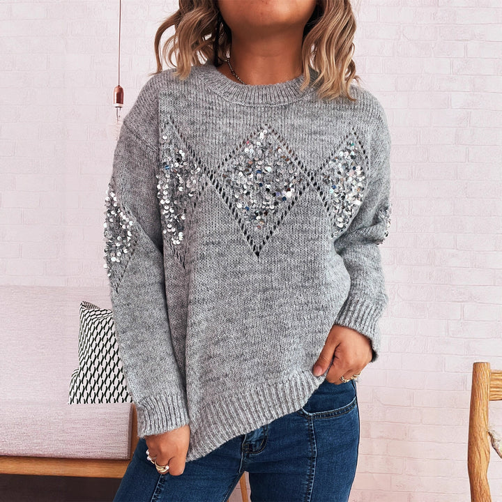Kvinnes elegant strikket genser med glitrende paljett detaljer Skjora