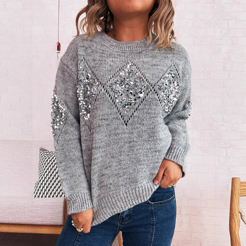 Kvinnes elegant strikket genser med glitrende paljett detaljer Skjora