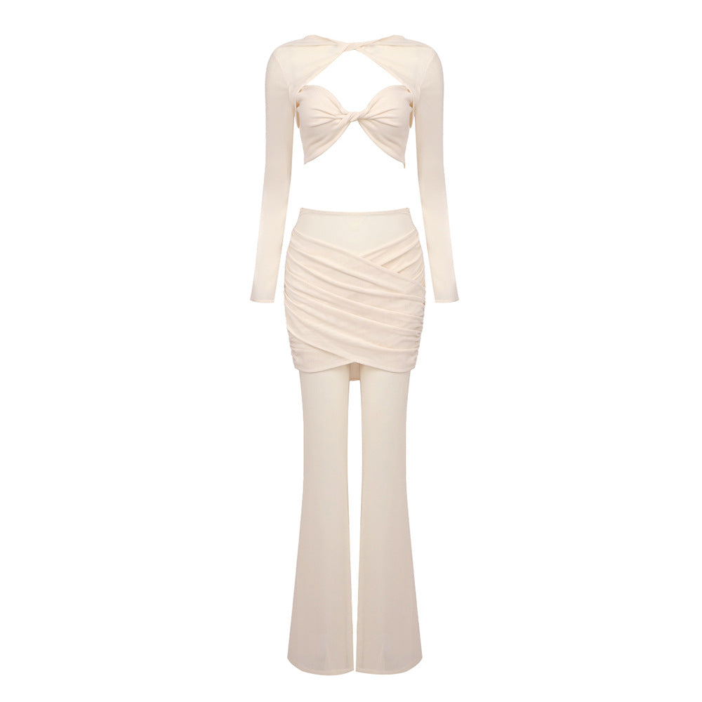 Damer elegant Crop-Top og vide bukser sett Skjora
