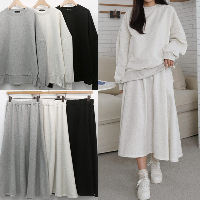 Damer Casual Sweatshirt og Maxi Skjørt Sett med Praktiske Lommer og Elegant Snitt Skjora