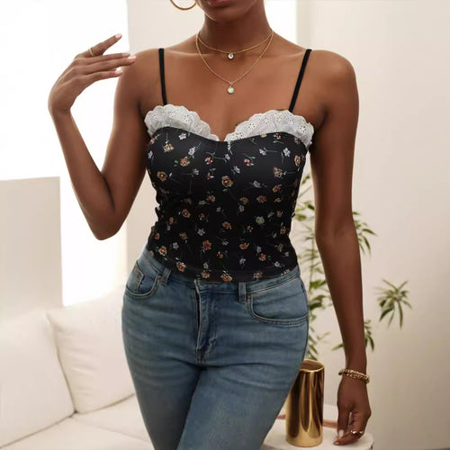 Dame spiss-cami-top med blomsterdesign Skjora