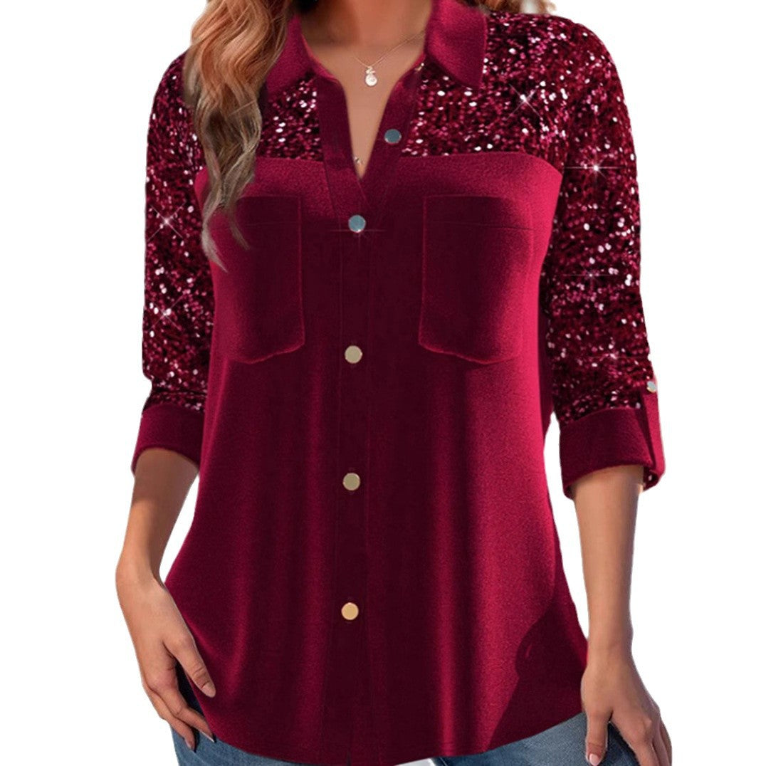 Damer bluse med glitrende paljett ermer Skjora