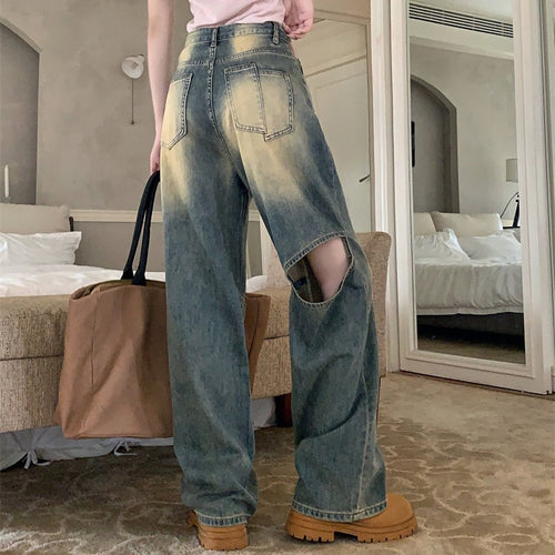 Dame Bred Denim Bukser med Asymmetriske Knapper Skjora