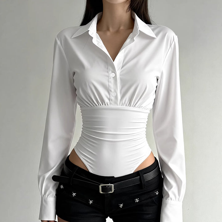 Damer elegant bodysuit med fin krage og knappdetaljer Skjora