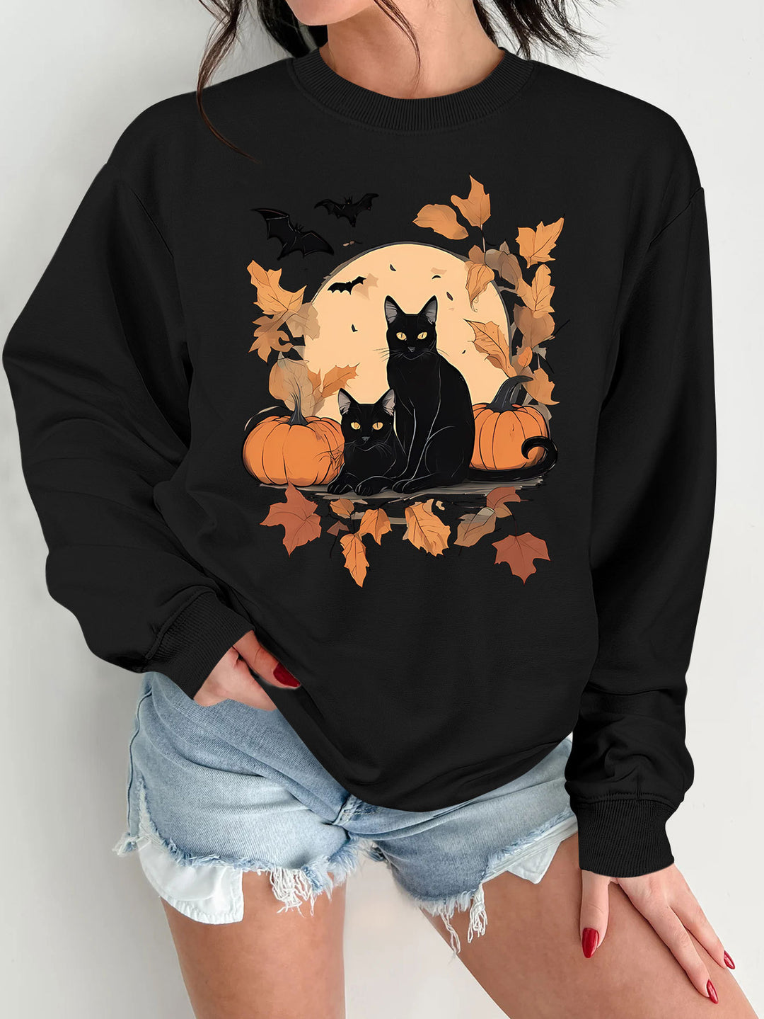 Kvinnes sweatshirts med høst katt og gresskar design Skjora