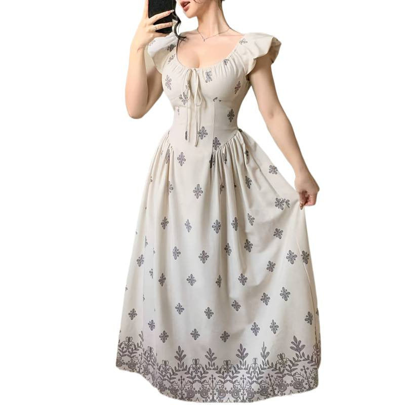 Damer Elegant Maxikjole med romantisk volangdesign og florale applikasjoner Skjora