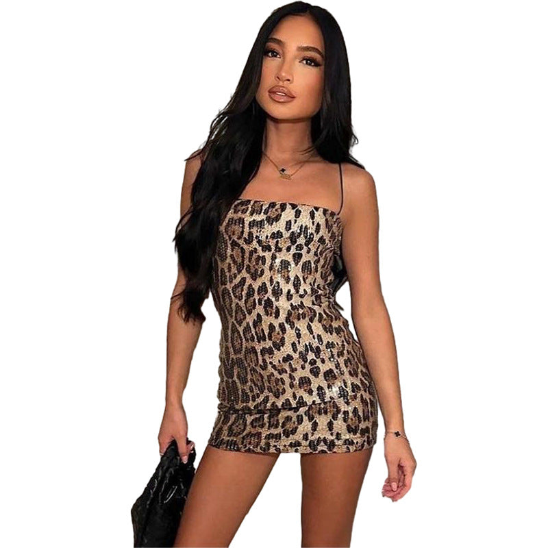 Dame Glitrende Minikjole med Leopardmønster og Spaghettistropper Skjora