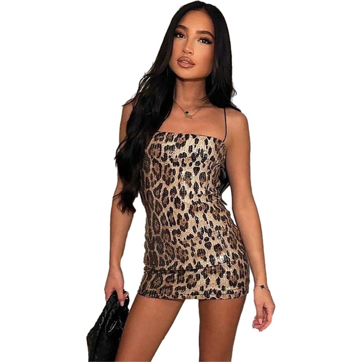Dame Glitrende Minikjole med Leopardmønster og Spaghettistropper Skjora