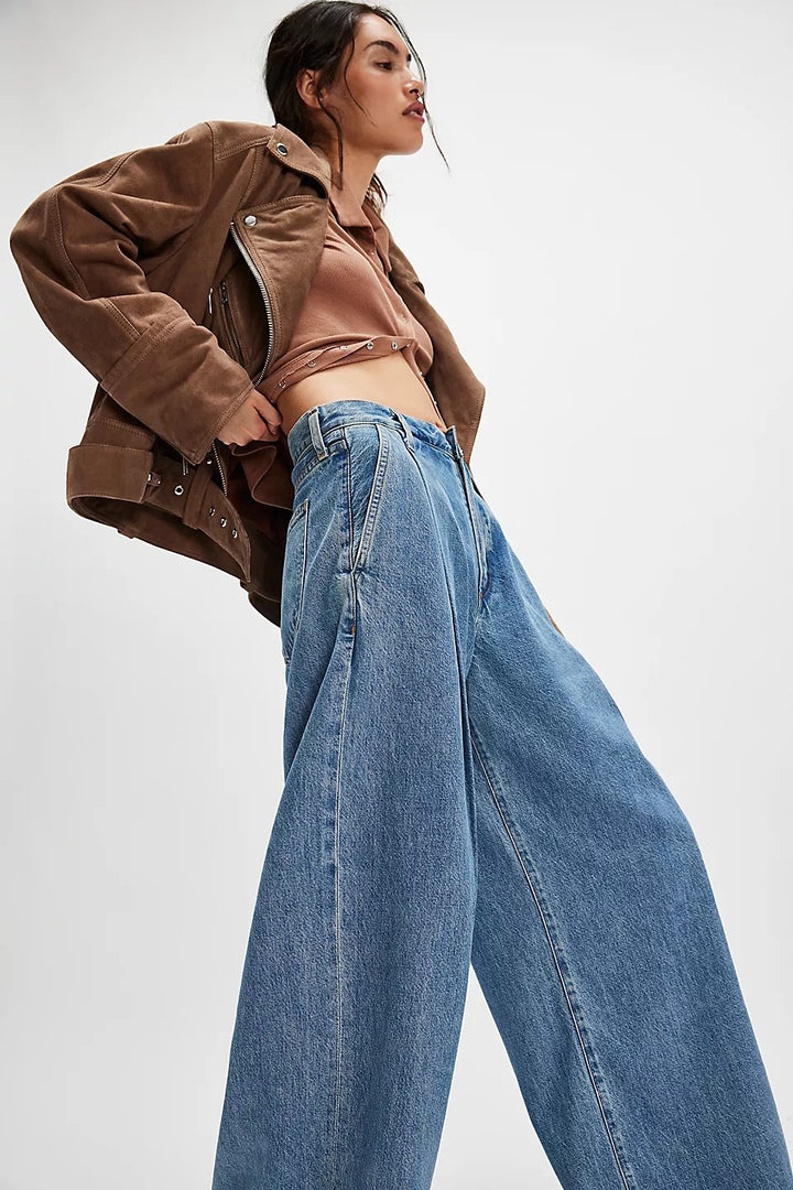 Dame Bredde Denim-Bukser med høy midje og avslappet silhuett Skjora