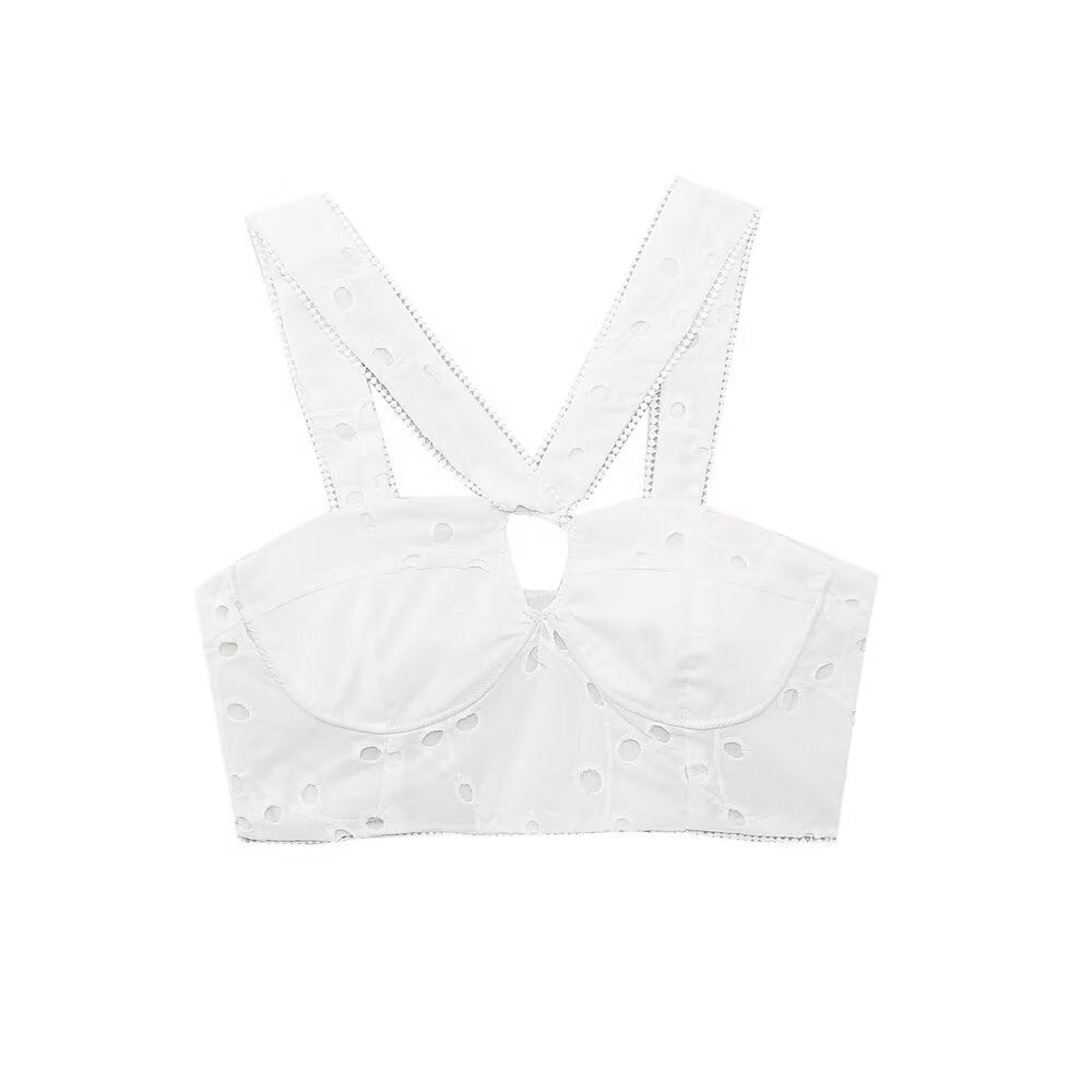 Damen Brokat-Crop-Top med elegant utringning og dekorerte stropper Skjora