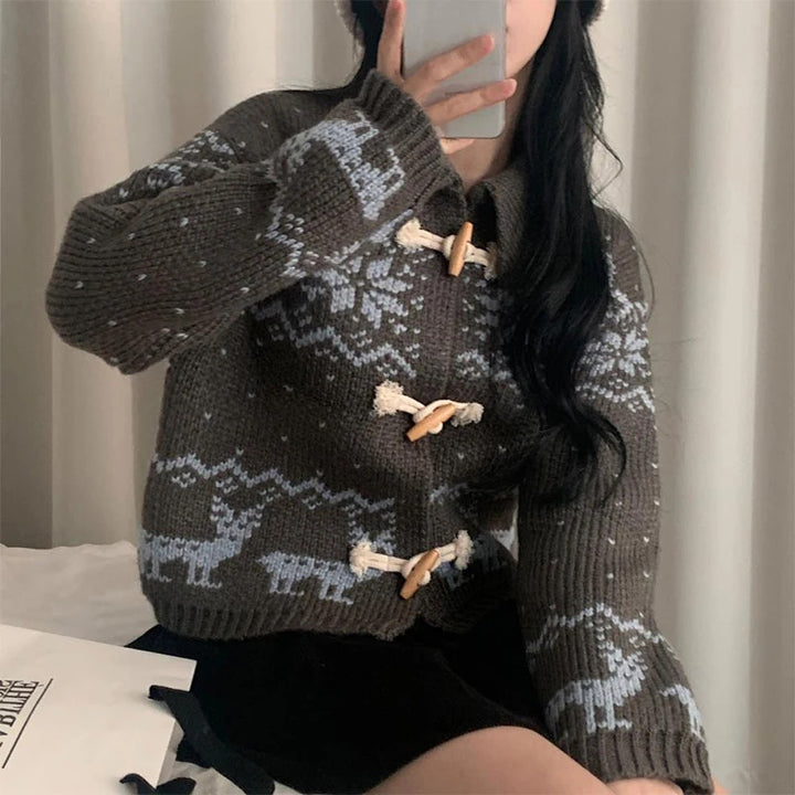 Dame cardigan med kreativ dyremotiv og høykvalitets tremetallknapper Skjora