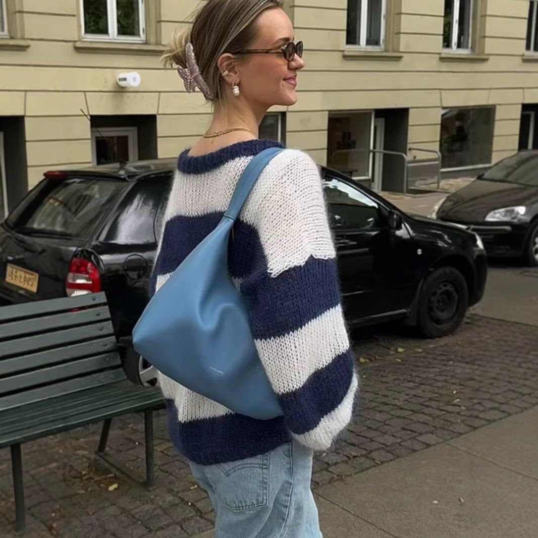 Dame stripete strikkegenser med rund hals Skjora