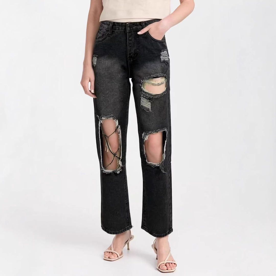 Dame distressed Mom Jeans med trendy Cut-Out-detaljer Skjora