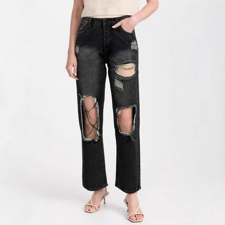 Dame distressed Mom Jeans med trendy Cut-Out-detaljer Skjora
