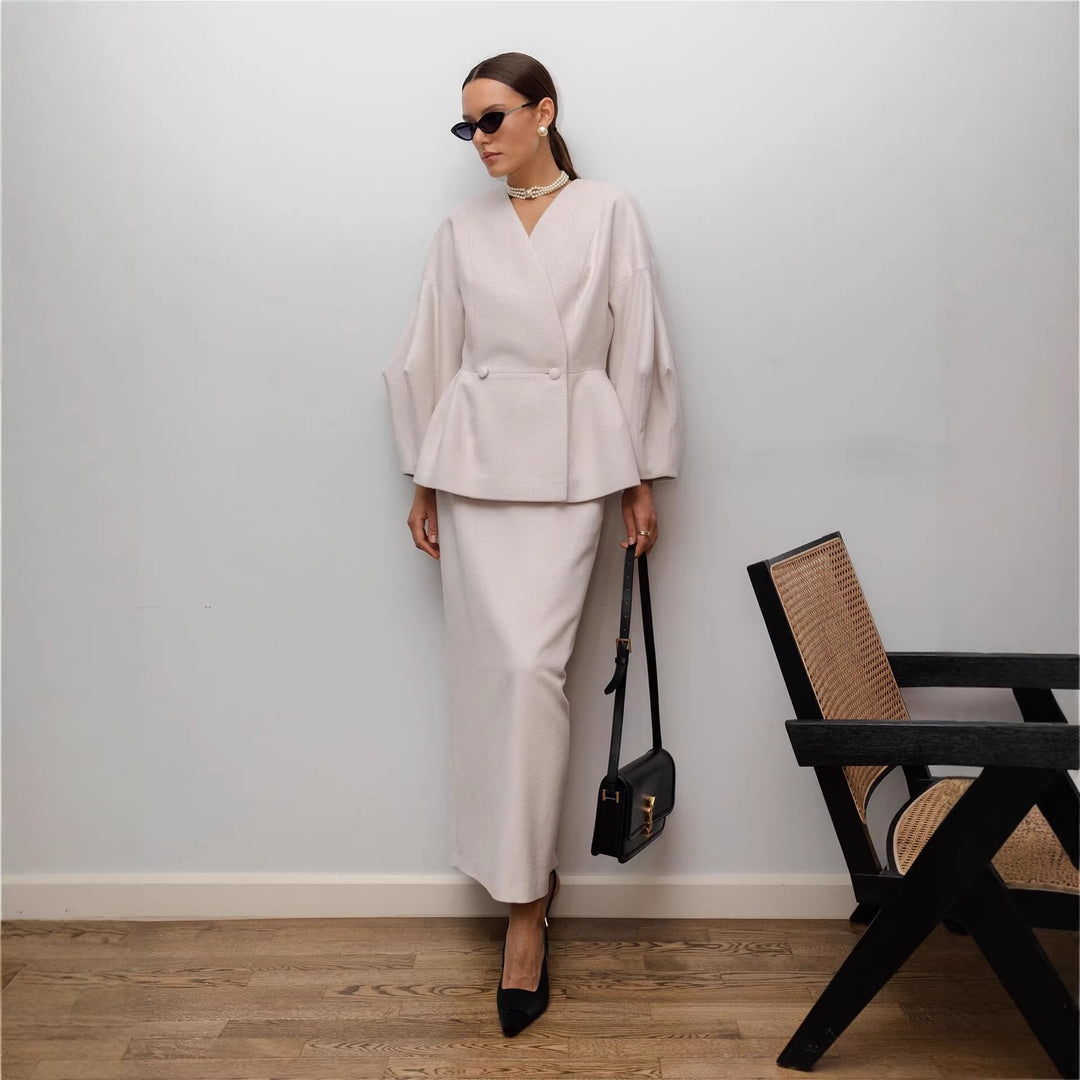 Dame Elegant Blyantkjole med Chic Blazer Topp og Puff Ermer Skjora