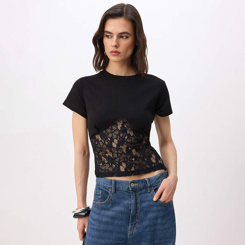 Dame Elegant overdel bluse laget av blonder og jersey Skjora