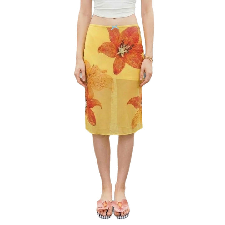 Dame midi skjørt med blomstrete chiffon og elastisk liv Skjora