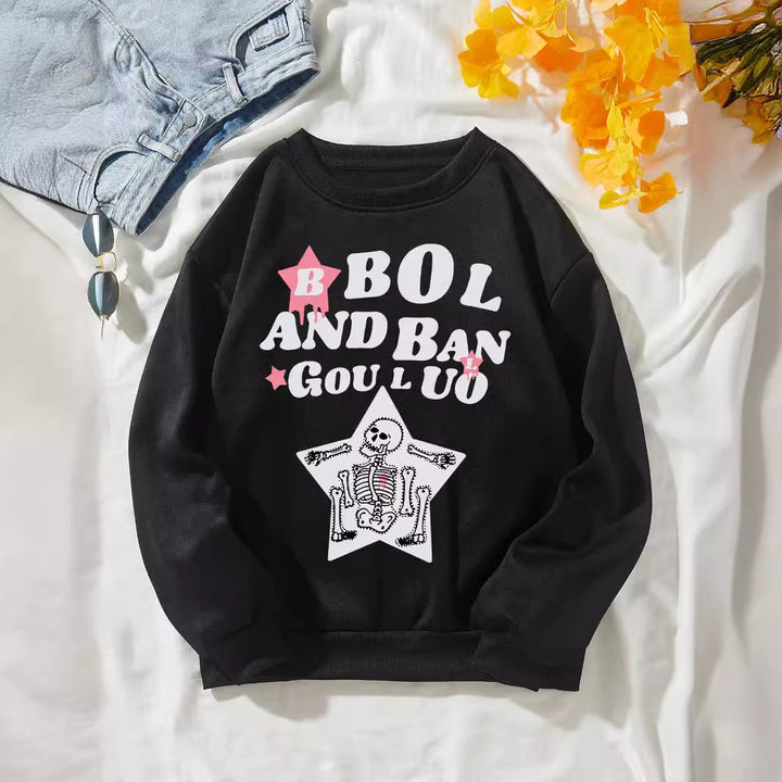 Dame avslappet sweatshirt med kreativt skjelettdesign Skjora