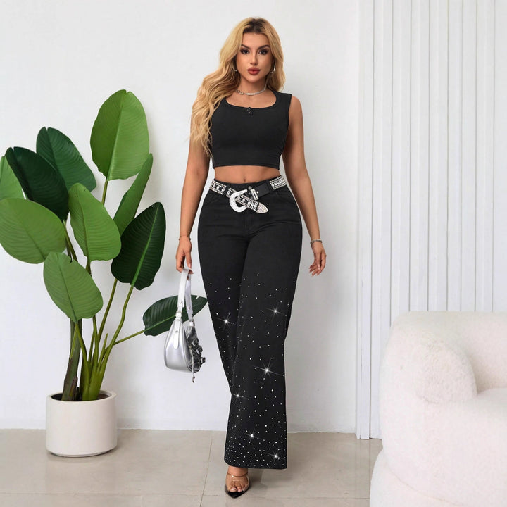 Kvinne High-Waist Jeans med glitrende rhinestones og bred cut Skjora