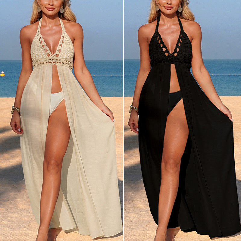 Damen Häkel-Strandüberwurf mit tiefem V-Ausschnitt und eleganter geschlitzt Konstruktion Skjora