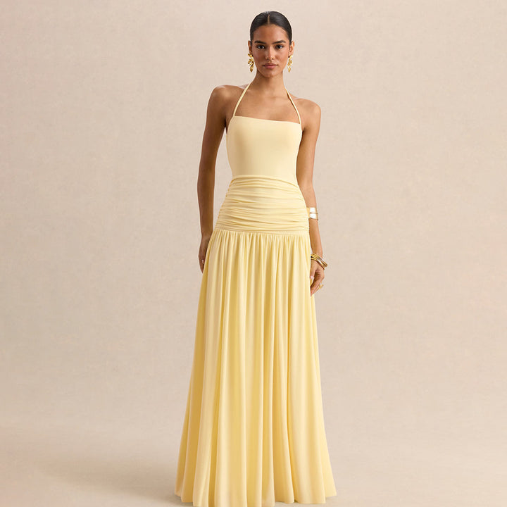Dame maxikjole med rynker og off-shoulder design Skjora