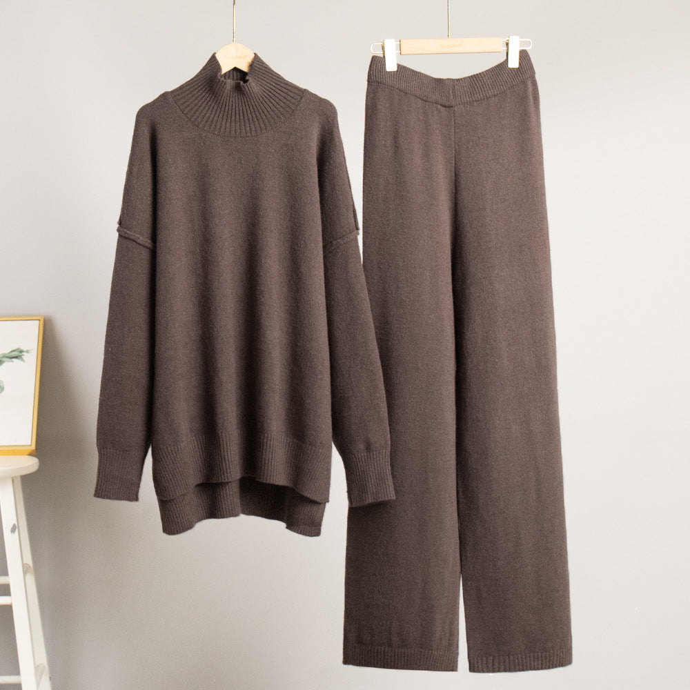 Dame Elegant Strikk Ensemble med Høy Krage og Løs Passform Skjora