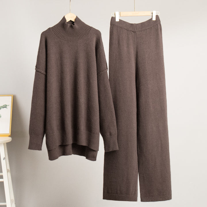 Dame Elegant Strikk Ensemble med Høy Krage og Løs Passform Skjora