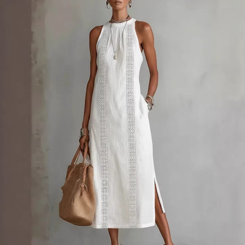 Damer Elegant Sommer-Maxi-Kjole med Spissapplikasjon og sideløft Skjora