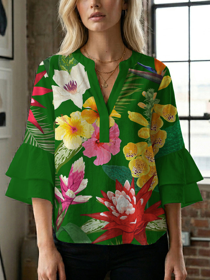 Dame bluse skjorte med voluminøse ermer og blomster mønster Skjora