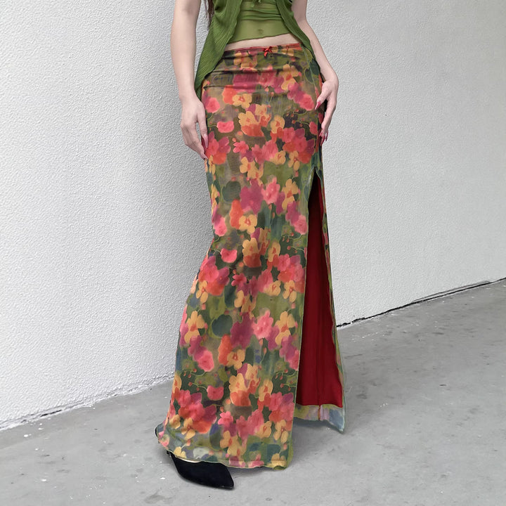 Dame Maxi skjørt med blomster chiffon-design og sidestilt Skjora
