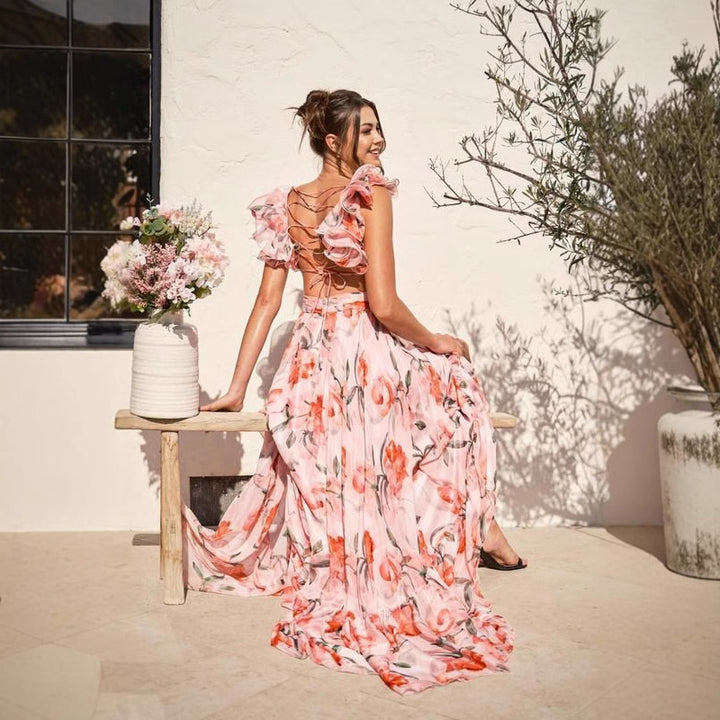 Women's maxi dress with floral ruffles and a flowing design