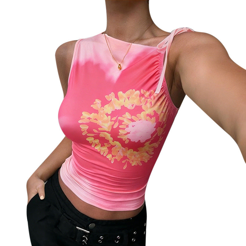 Damer tilpasset tanktop med blomstermønster og fine volanger detaljer Skjora