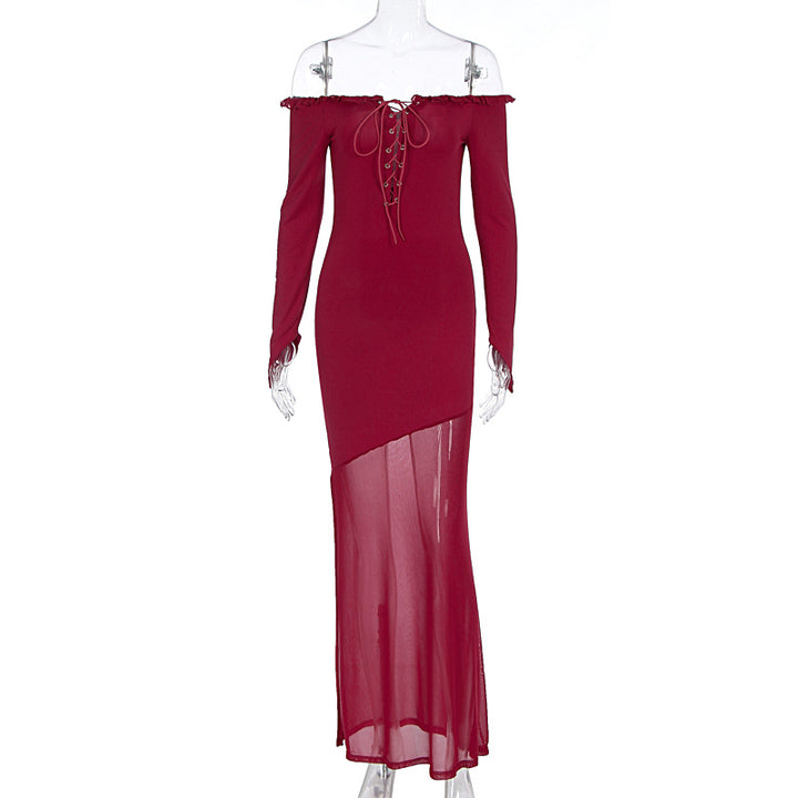 Dame figurklemende Maxikjole med Off-Shoulder Design og transparent skjørt Skjora