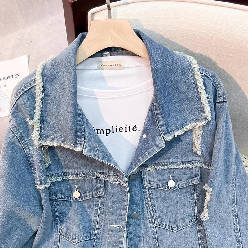 Dame moteriktige denimjakke med frynse detaljer Skjora