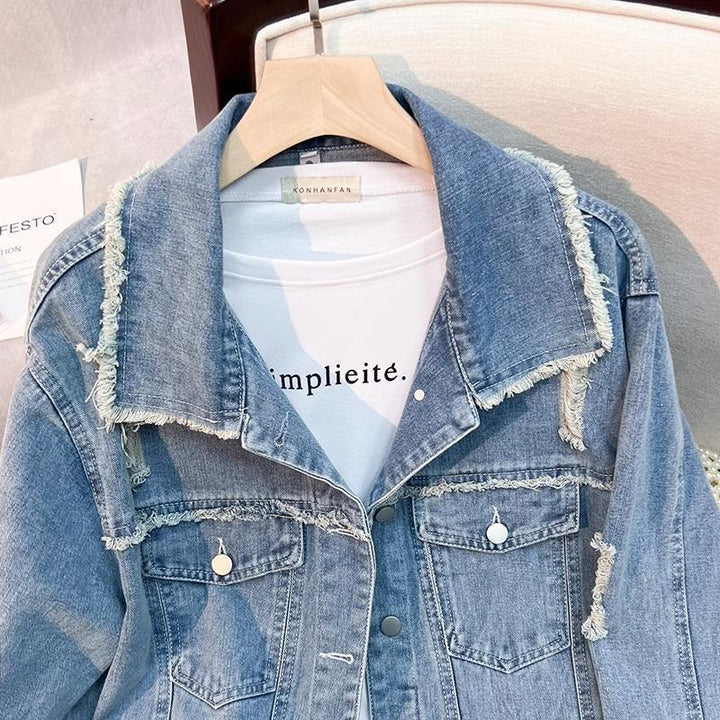 Dame moteriktige denimjakke med frynse detaljer Skjora