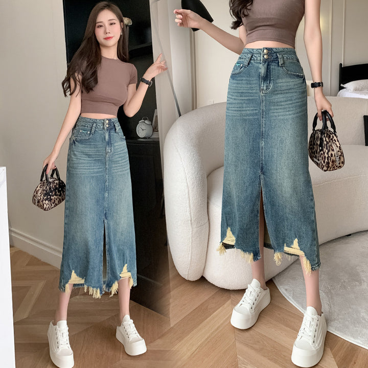 Kvinne Lang Denim Skjørt med Sidesplit og Slitt Kant Skjora