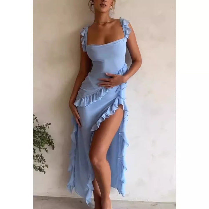 Kvinne Elegant Maxi Kjole med Volanger og Dyp V-Hals Skjora