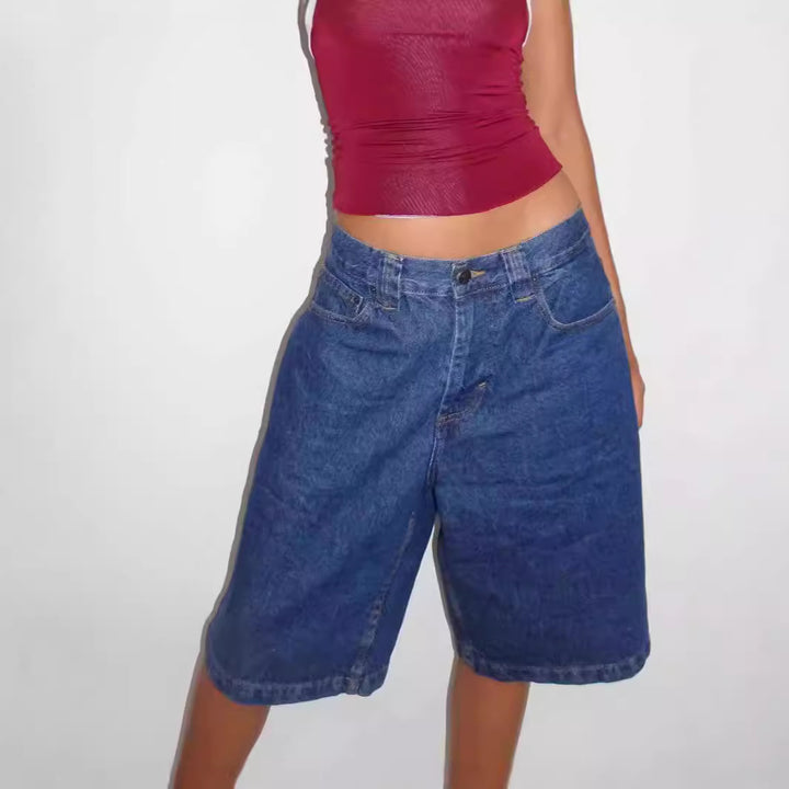 Dame casual denim shorts med vid passform og høye sidelommer Skjora