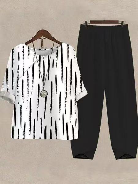Dame Casual Fritids Sett med Kreativ Stripete Topp og Komfortable Bukser Skjora