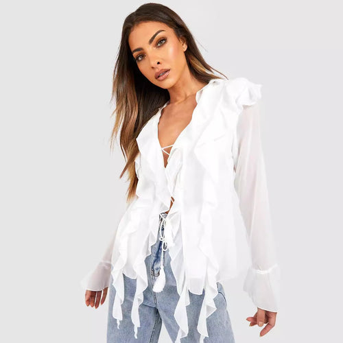 Dame Rysjeskjorte med elegante snurredetaljer og transparente ermer Skjora
