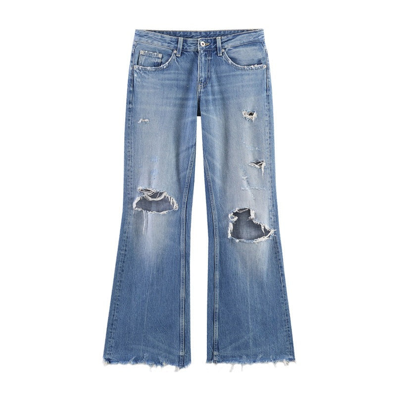Dame Flared Jeans i brukt look med frynser og ødelagte detaljer Skjora