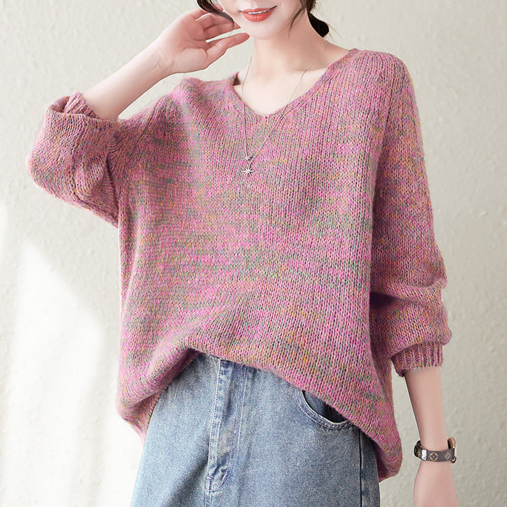 Kvinnes chunky strikkegenser med V-hals og avslappet oversized passform Skjora