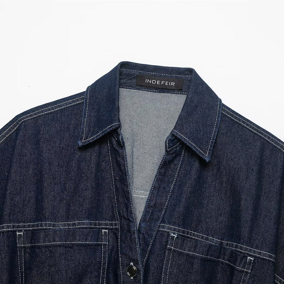 Dame Oversize Denim-bluse med praktiske lommer og elastisk kant Skjora