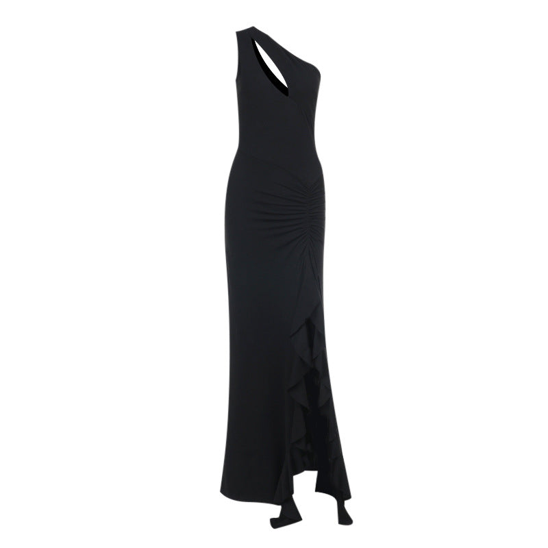 Dame elegant asymmetrisk maxikjole med volangdetaljer Skjora