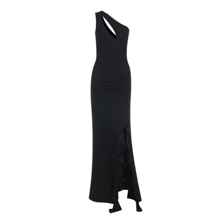 Dame elegant asymmetrisk maxikjole med volangdetaljer Skjora