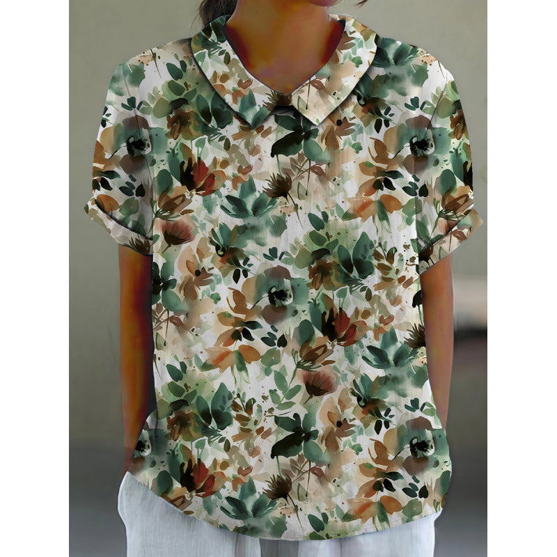 Dame kortermet bluse med florale accenter og klassisk krage Skjora