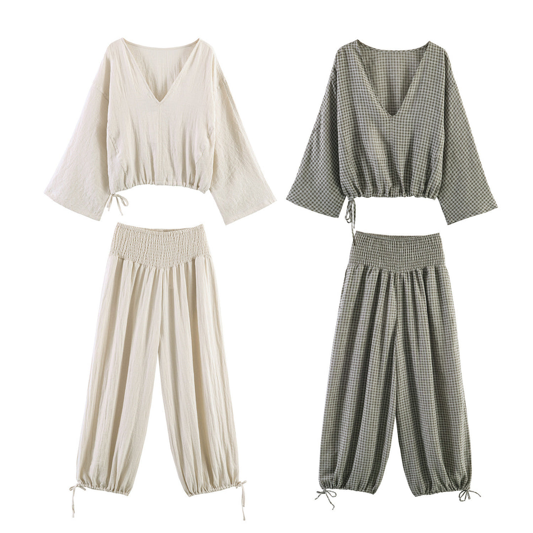Damer casual bluse med vid V-hals og elastisk kant Skjora
